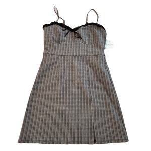 Altar’d State Houndstooth Sleeveless Mini Dress M Lace Bow Y2K Preppy Coquette